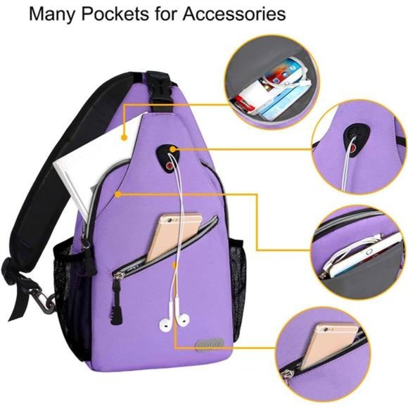 Purple Sling Backpack, Multipurpose Crossbody Shoulder Bag Travel Hiking Daypack - Picture 2 of 6